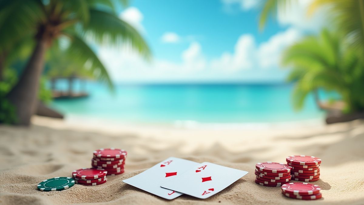 Praia tropical com fichas de pôquer e cartas na areia.